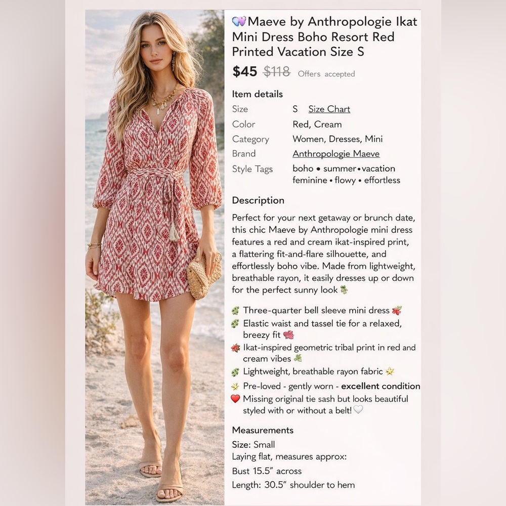 Maeve Anthropologie Ikat Mini Dress Boho Red Print 3/4 Sleeve Size S EUC